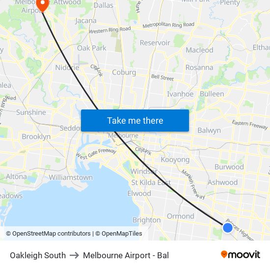 Oakleigh South to Melbourne Airport - Bal map