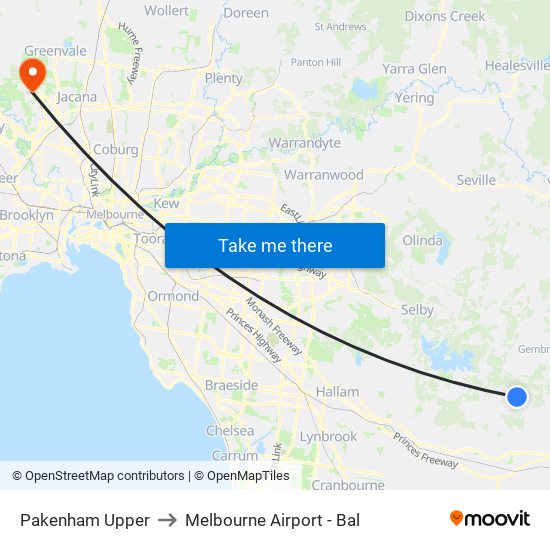 Pakenham Upper to Melbourne Airport - Bal map