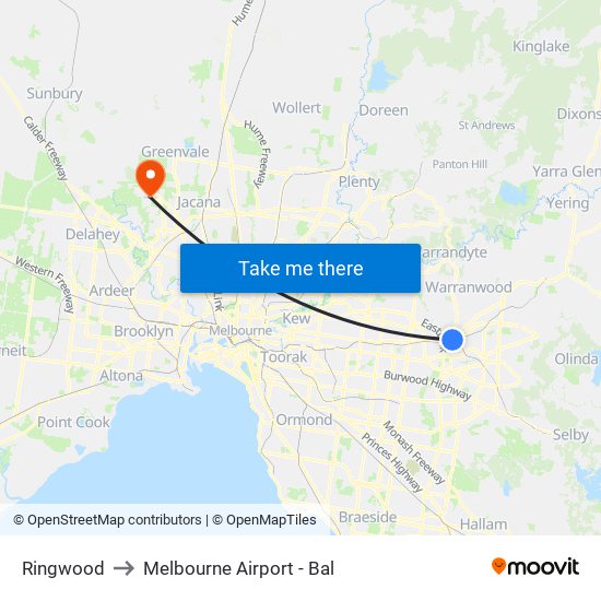 Ringwood to Melbourne Airport - Bal map