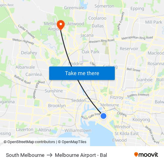 South Melbourne to Melbourne Airport - Bal map