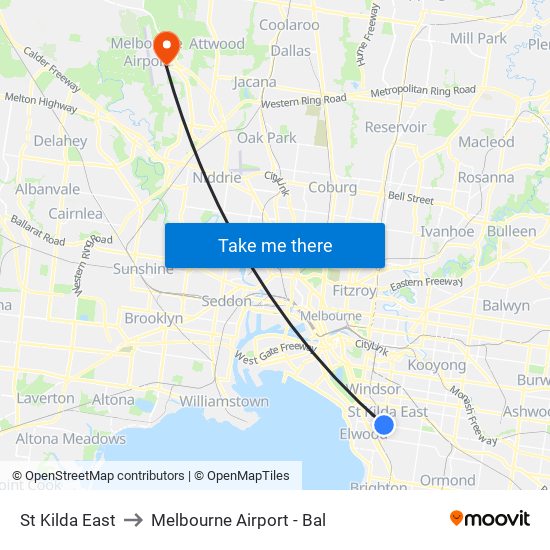 St Kilda East to Melbourne Airport - Bal map