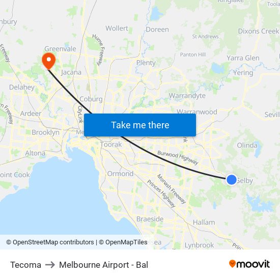 Tecoma to Melbourne Airport - Bal map