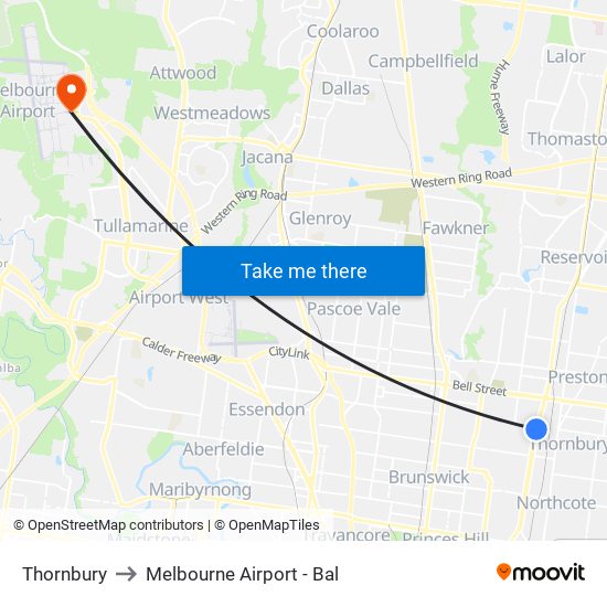 Thornbury to Melbourne Airport - Bal map