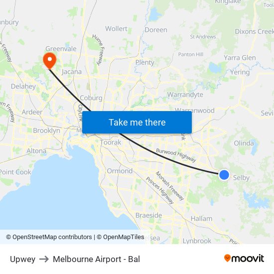 Upwey to Melbourne Airport - Bal map