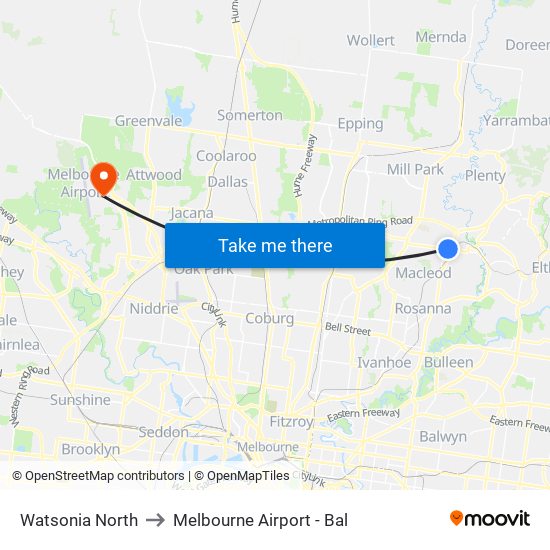 Watsonia North to Melbourne Airport - Bal map