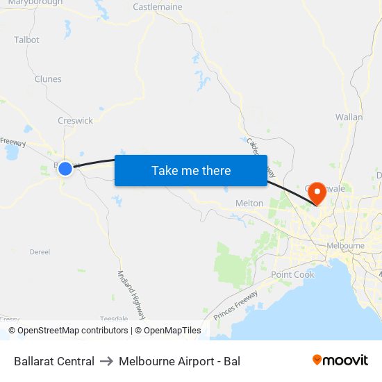 Ballarat Central to Melbourne Airport - Bal map