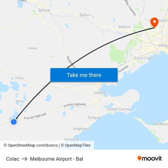 Colac to Melbourne Airport - Bal map