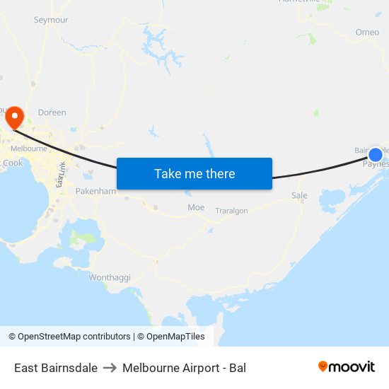East Bairnsdale to Melbourne Airport - Bal map
