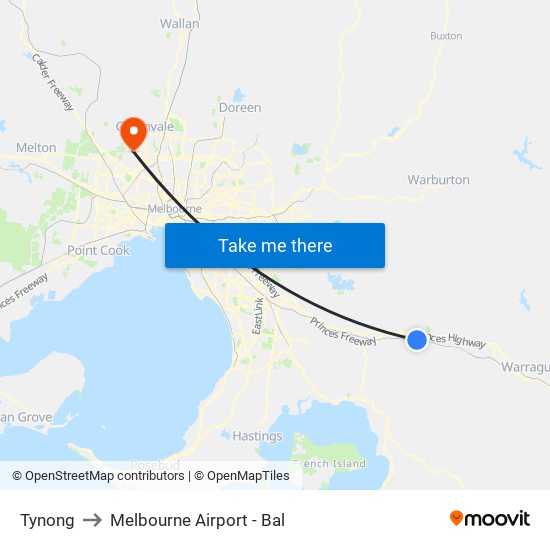 Tynong to Melbourne Airport - Bal map