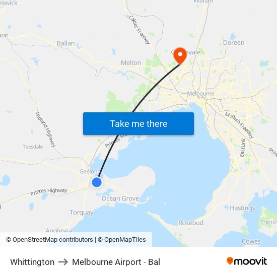 Whittington to Melbourne Airport - Bal map