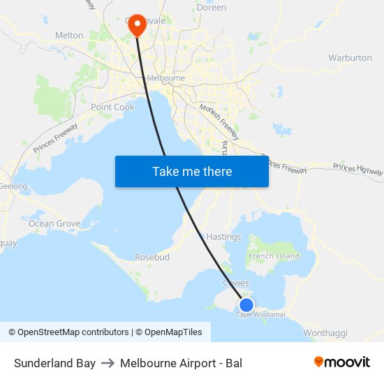 Sunderland Bay to Melbourne Airport - Bal map