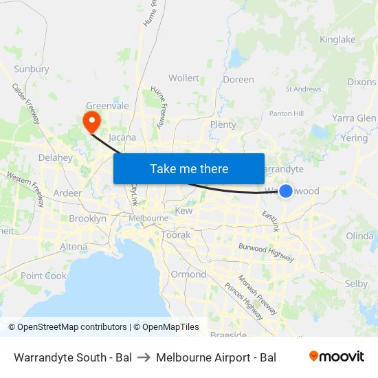 Warrandyte South - Bal to Melbourne Airport - Bal map