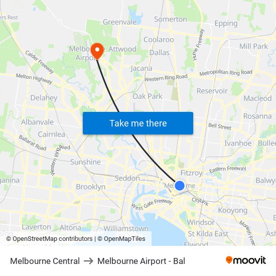 Melbourne Central to Melbourne Airport - Bal map