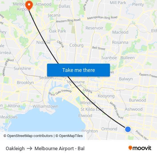 Oakleigh to Melbourne Airport - Bal map