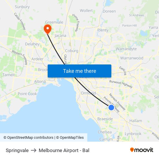 Springvale to Melbourne Airport - Bal map