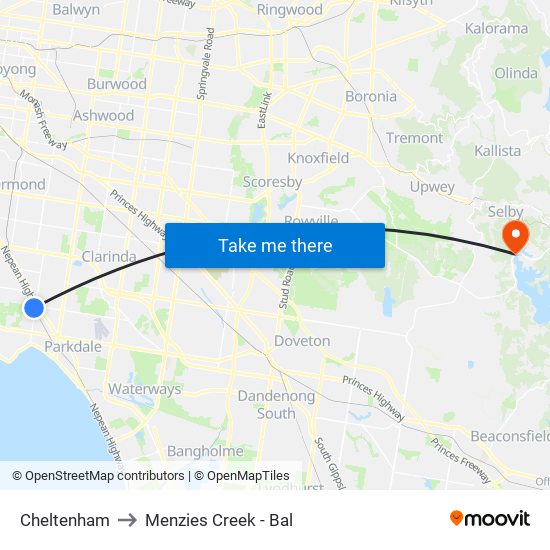 Cheltenham to Menzies Creek - Bal map