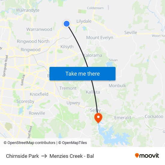 Chirnside Park to Menzies Creek - Bal map