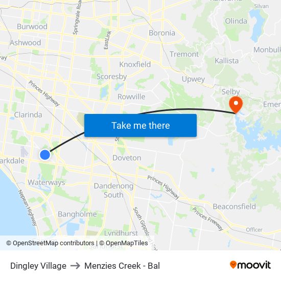 Dingley Village to Menzies Creek - Bal map