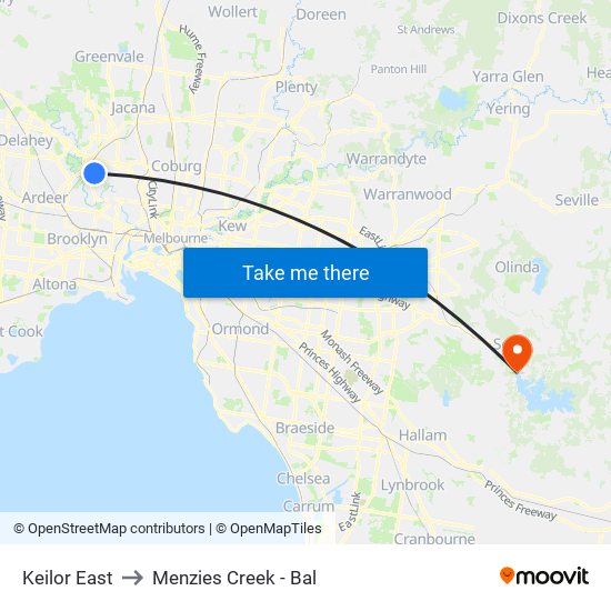 Keilor East to Menzies Creek - Bal map