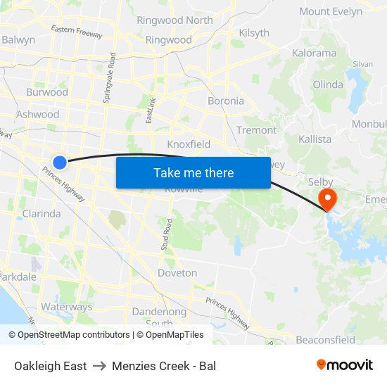 Oakleigh East to Menzies Creek - Bal map