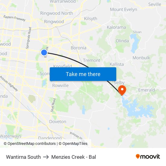 Wantirna South to Menzies Creek - Bal map