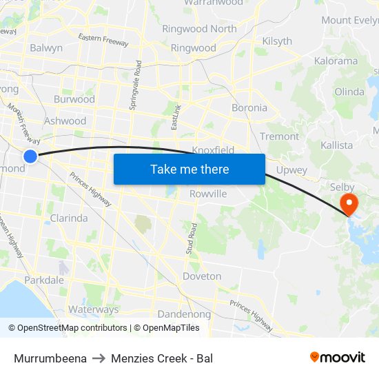 Murrumbeena to Menzies Creek - Bal map