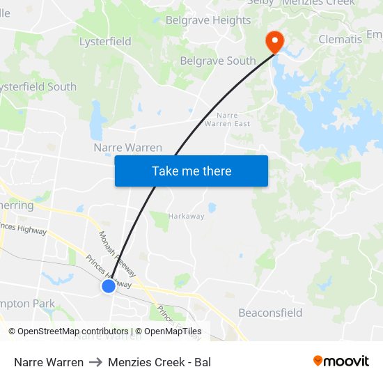 Narre Warren to Menzies Creek - Bal map