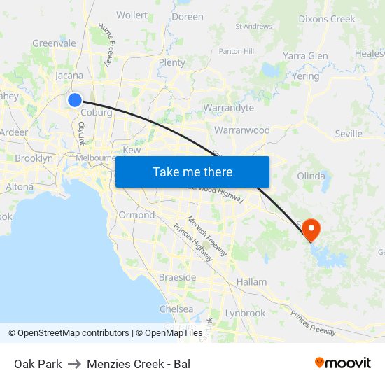Oak Park to Menzies Creek - Bal map