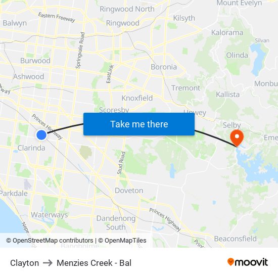 Clayton to Menzies Creek - Bal map