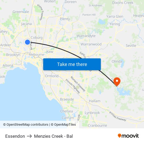 Essendon to Menzies Creek - Bal map