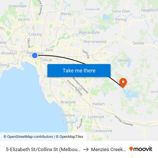 5-Elizabeth St/Collins St (Melbourne City) to Menzies Creek - Bal map