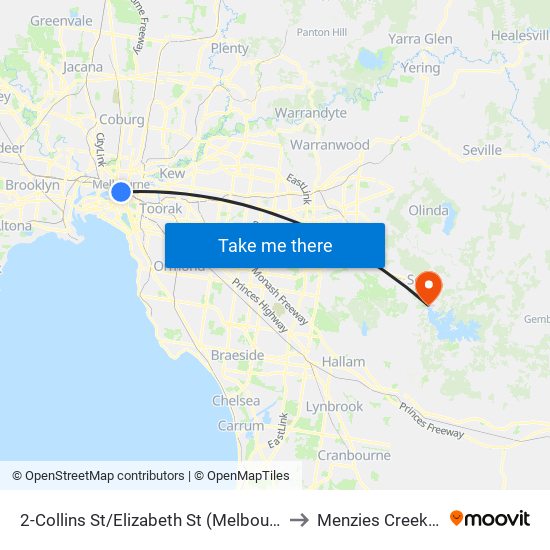 2-Collins St/Elizabeth St (Melbourne City) to Menzies Creek - Bal map