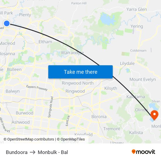 Bundoora to Monbulk - Bal map