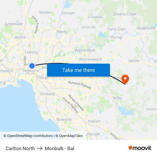 Carlton North to Monbulk - Bal map