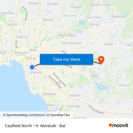 Caulfield North to Monbulk - Bal map