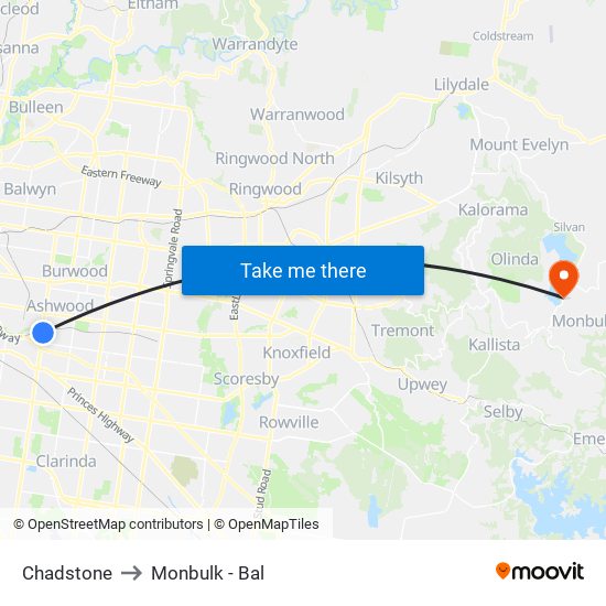 Chadstone to Monbulk - Bal map