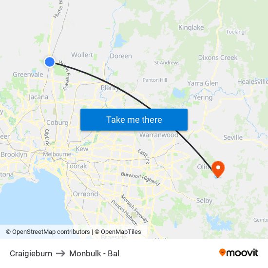 Craigieburn to Monbulk - Bal map