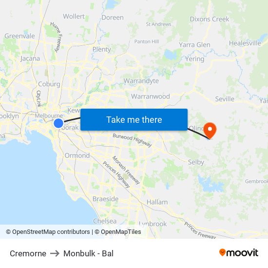 Cremorne to Monbulk - Bal map