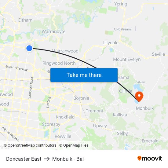 Doncaster East to Monbulk - Bal map