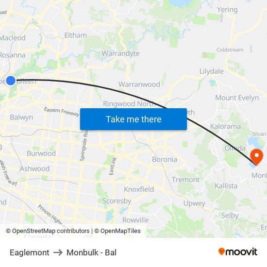 Eaglemont to Monbulk - Bal map