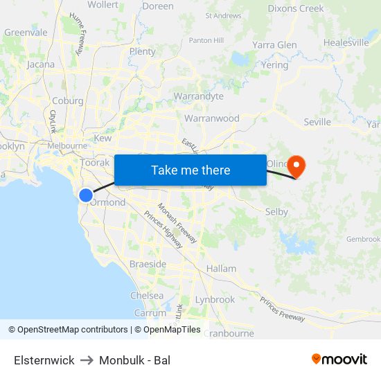 Elsternwick to Monbulk - Bal map