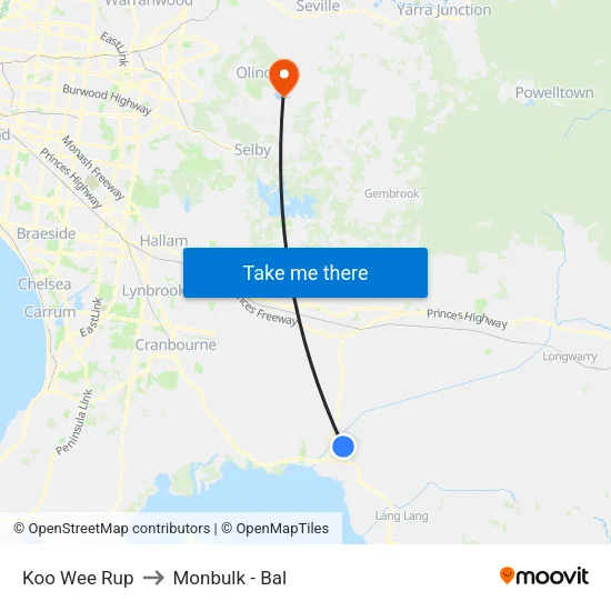 Koo Wee Rup to Monbulk - Bal map