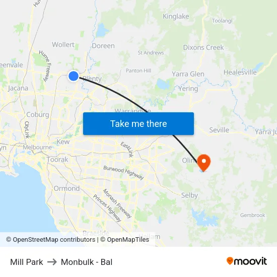 Mill Park to Monbulk - Bal map