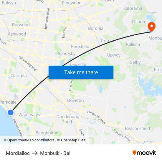 Mordialloc to Monbulk - Bal map