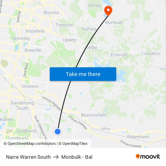 Narre Warren South to Monbulk - Bal map