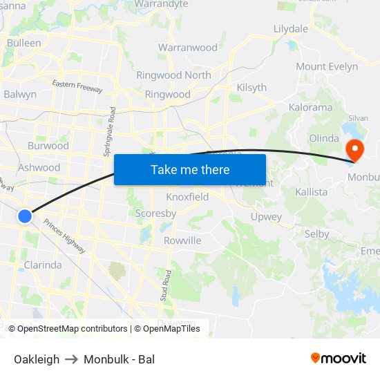 Oakleigh to Monbulk - Bal map