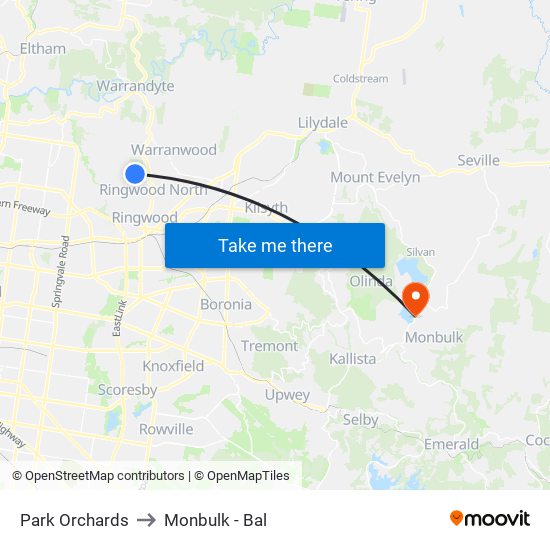 Park Orchards to Monbulk - Bal map