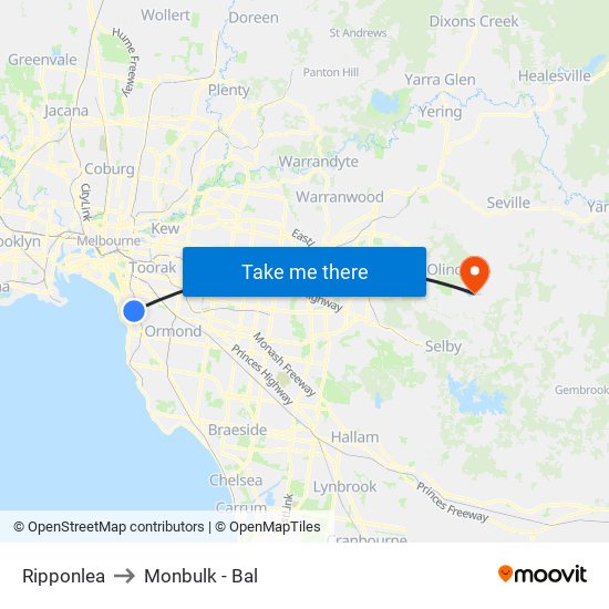 Ripponlea to Monbulk - Bal map