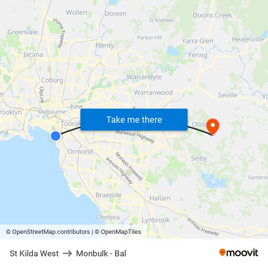 St Kilda West to Monbulk - Bal map