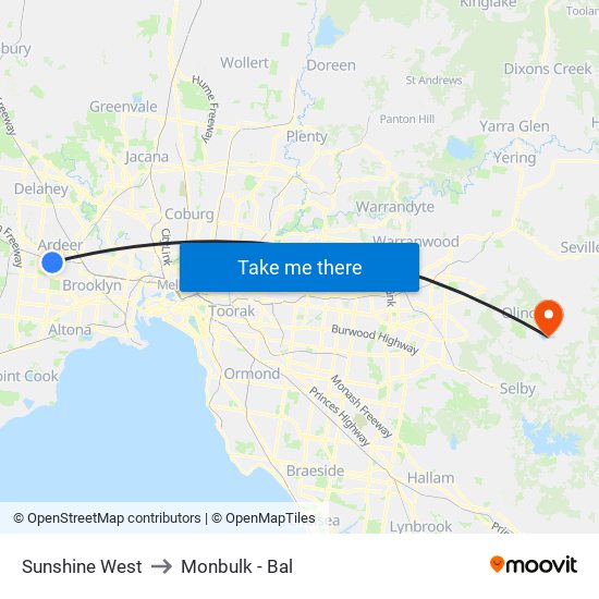 Sunshine West to Monbulk - Bal map